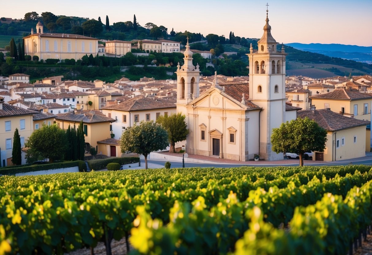 A scenic view of a charming European town with a picturesque church and romantic vineyard, showcasing the beauty and allure of getting married in Spain or France