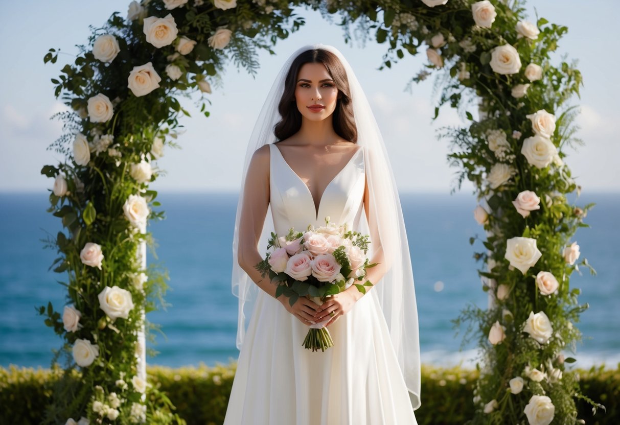 A woman in a flowing white dress stands before an arch of flowers and greenery, with the ocean in the background. She wears a delicate veil and holds a bouquet of roses
