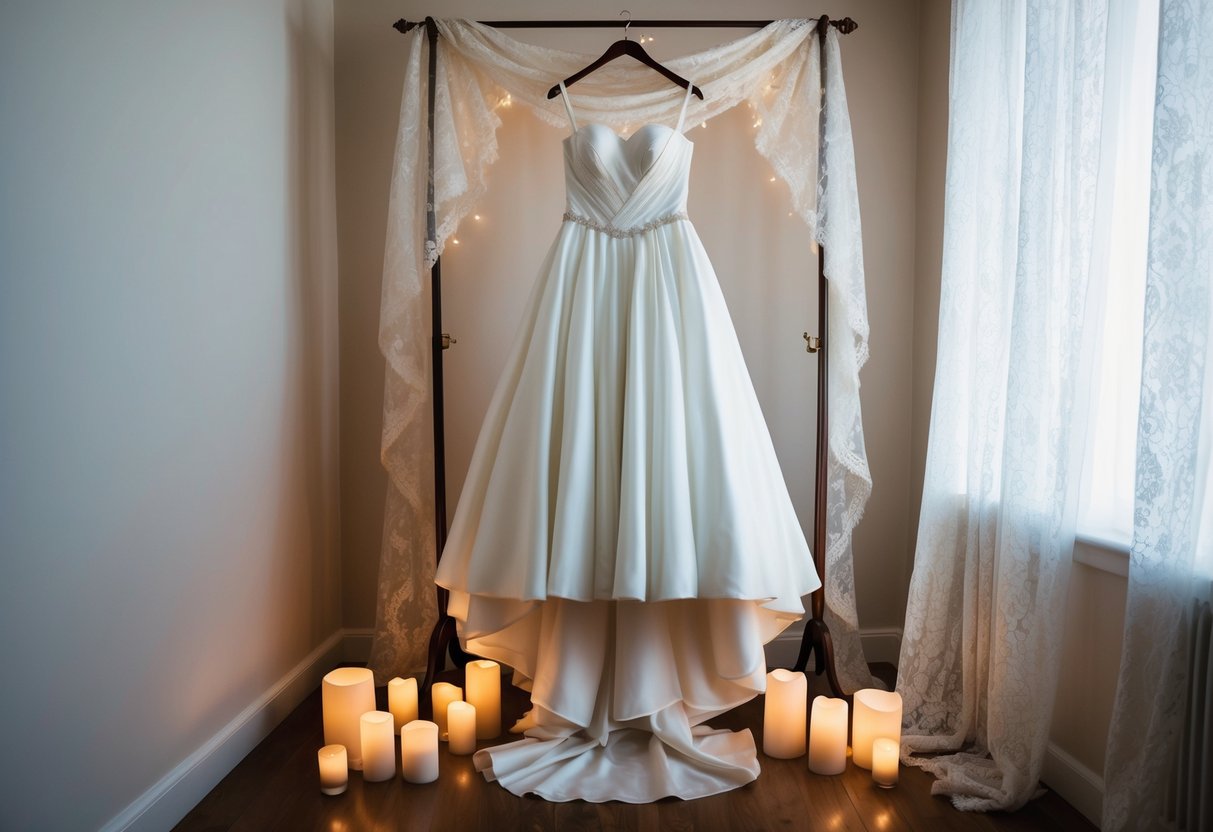 A flowing white gown hangs on a vintage dress form, surrounded by soft candlelight and delicate lace curtains
