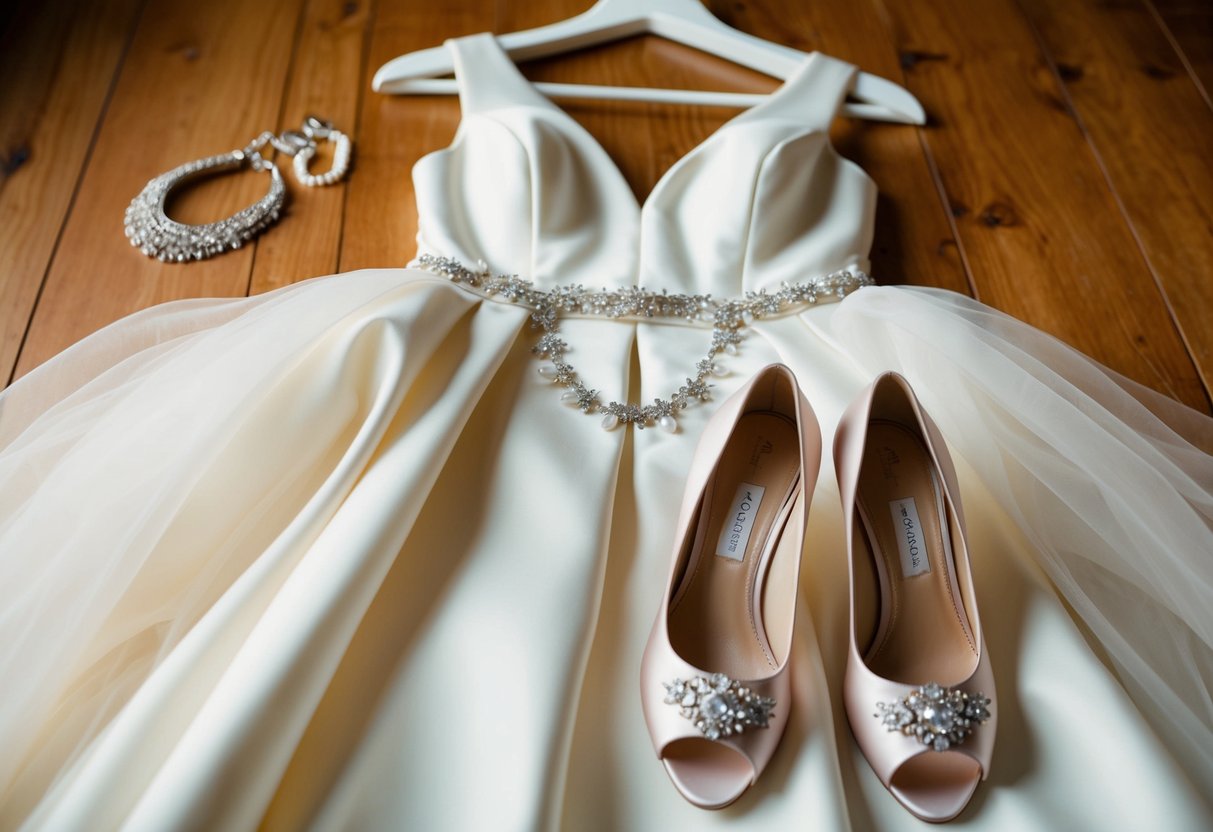 A woman's elegant dress hangs on a hanger, surrounded by delicate jewelry and a pair of stylish shoes, ready for a vow renewal ceremony