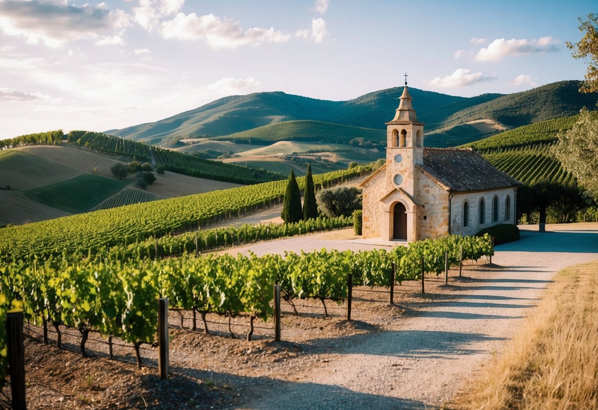 A picturesque countryside wedding venue in Spain with rolling hills, vineyards, and a rustic stone chapel