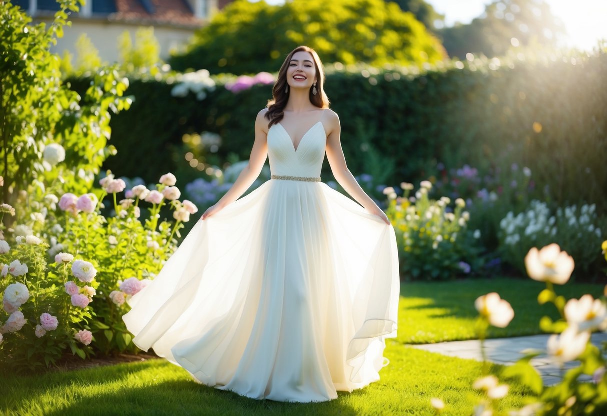 A woman in a flowing white gown stands in a sunlit garden surrounded by blooming flowers and greenery, with a serene and joyful expression on her face