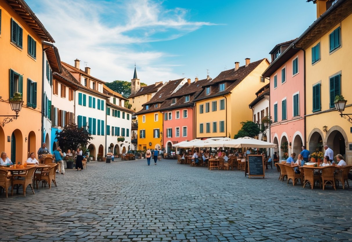 A picturesque European village with cobblestone streets, colorful buildings, and a charming town square bustling with locals and tourists