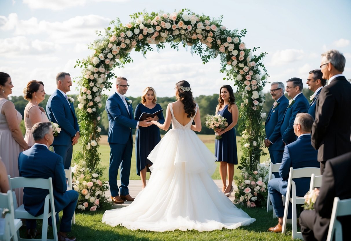 A woman in a flowing white gown stands beneath a flower-covered archway, surrounded by family and friends, as she renews her vows with her husband
