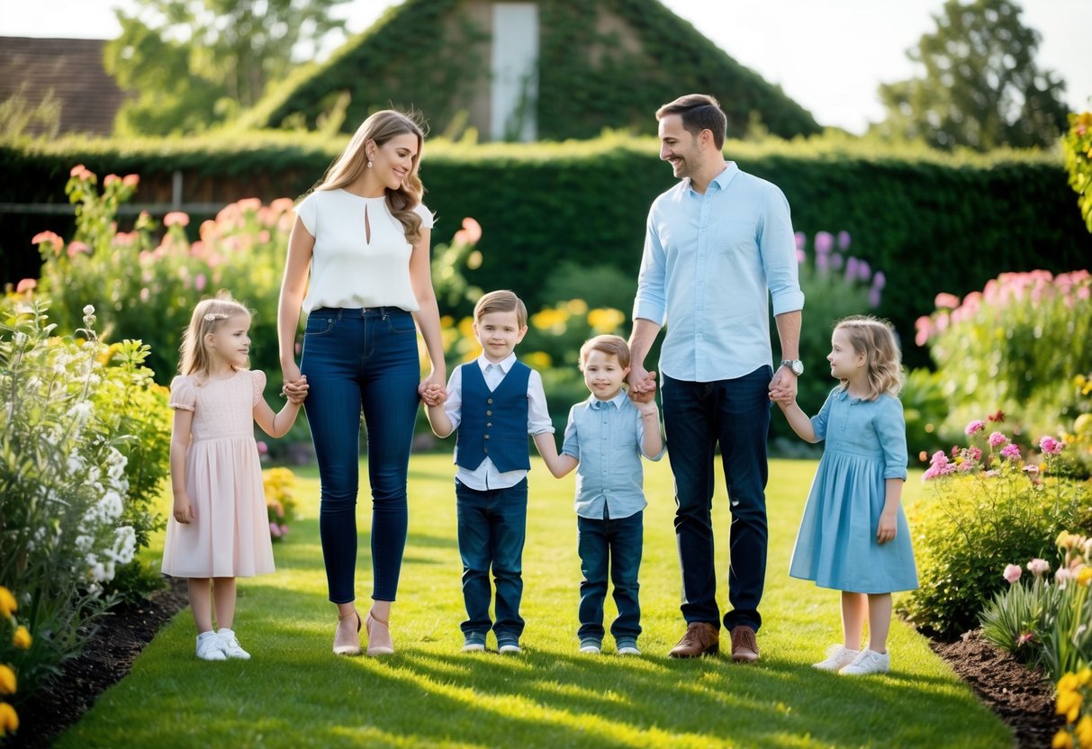 A couple stands in a garden surrounded by their children, holding hands in a circle, with flowers and greenery in the background