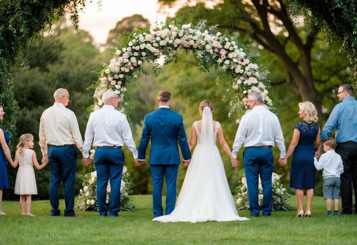 A couple stands beneath an arch adorned with flowers, surrounded by family members holding hands in a circle, symbolizing unity and support