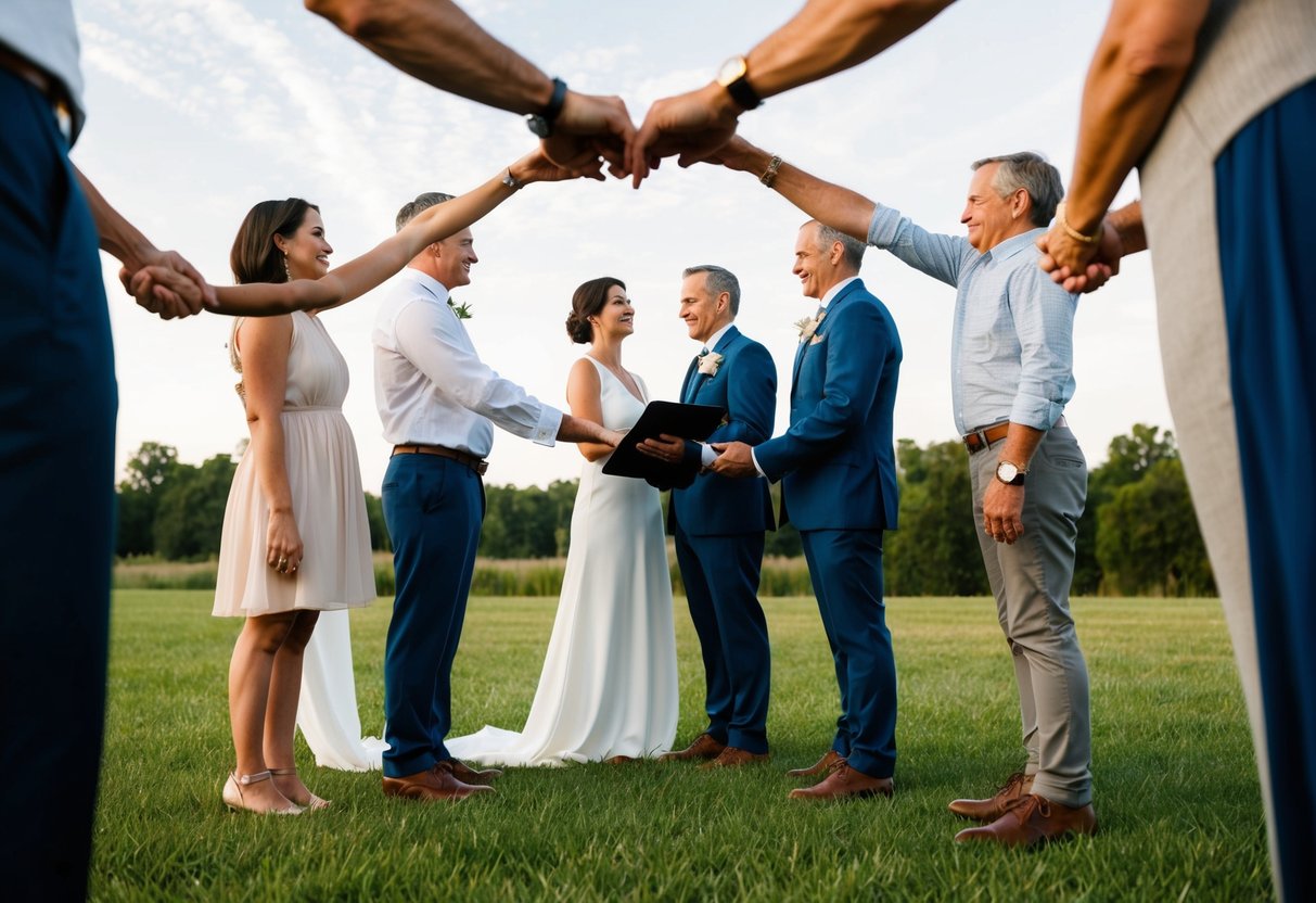 A family standing in a circle, holding hands, with the couple in the center exchanging vows during a vow renewal ceremony