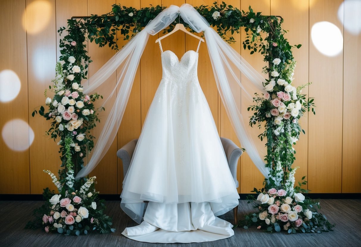 A wedding gown hanging on a mannequin, surrounded by floral arrangements and a veil draped over a chair