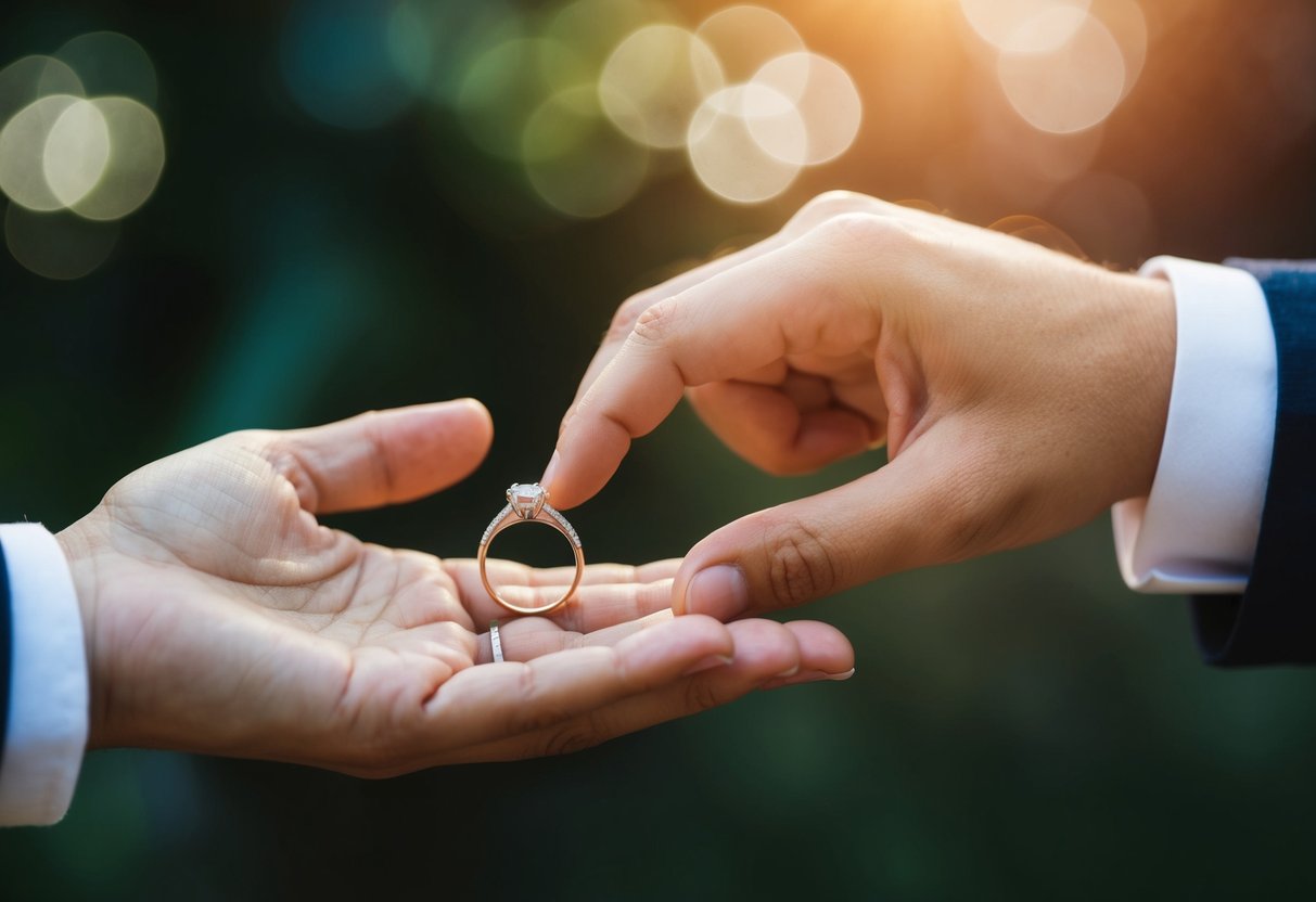 A hand from each person extends, offering a ring to the other
