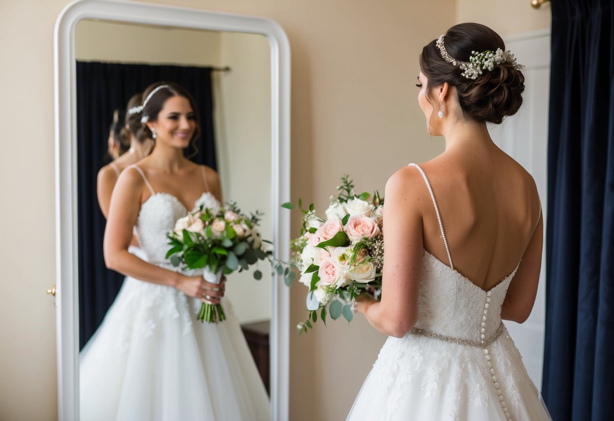 A bride holding a bouquet of flowers, standing in front of a mirror admiring her bridal gown