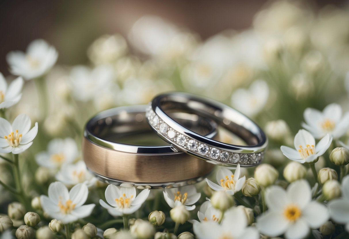 A pair of entwined rings resting on a bed of delicate white flowers