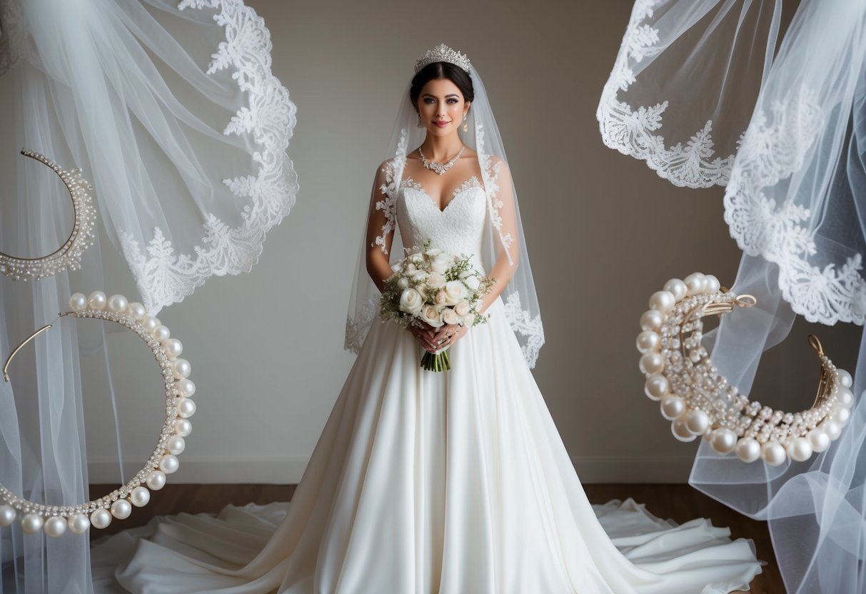 A bride stands in a flowing wedding gown, surrounded by delicate lace veils, sparkling tiaras, and elegant pearl jewelry