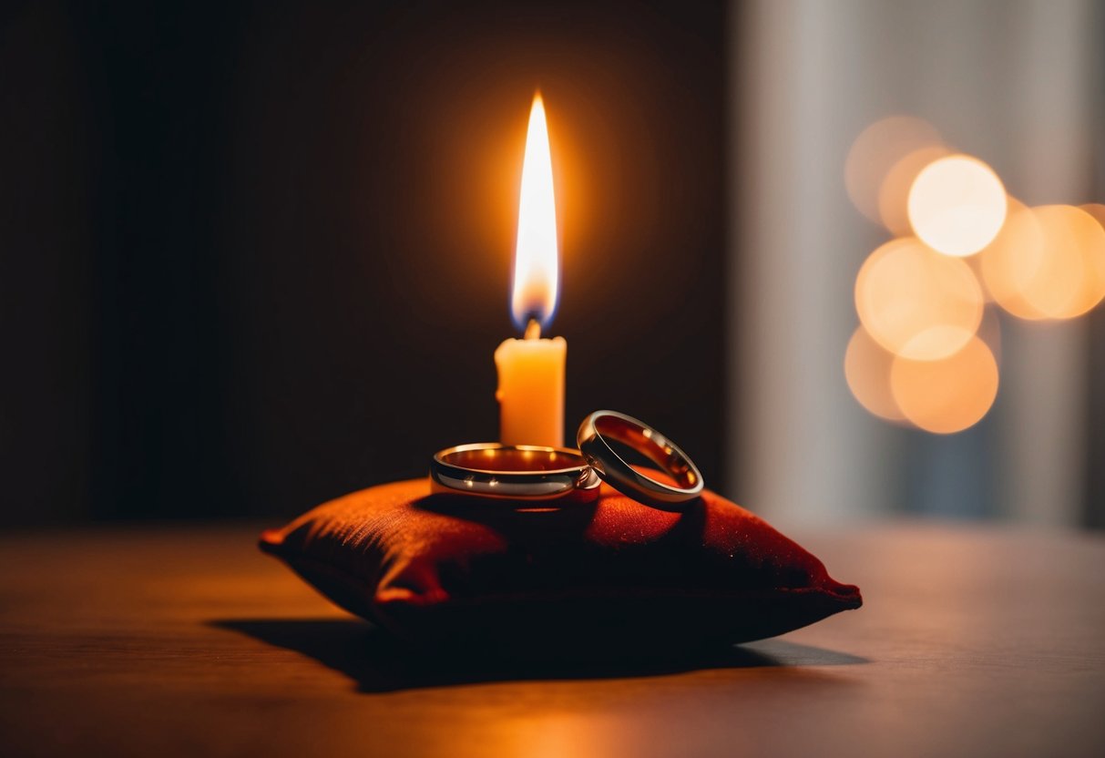 A single lit candle flickers in a dimly lit room, casting a warm glow on a pair of intertwined rings resting on a velvet cushion