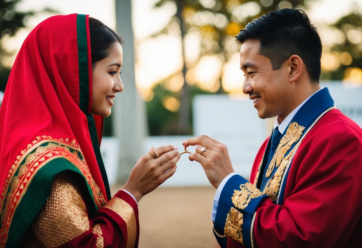 A person from one culture offers a ring to another person from a different culture