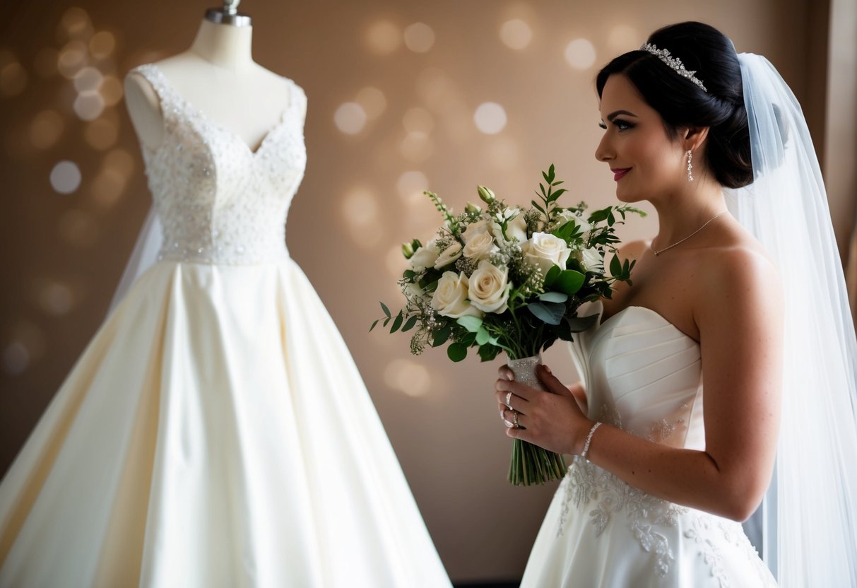 A bride holding a bouquet of flowers, wearing a white wedding gown and a veil, while a bridal mannequin is dressed in a similar gown
