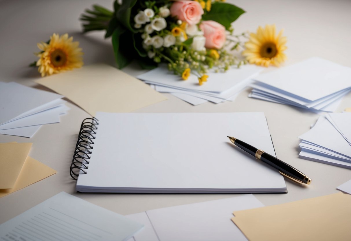 A pen poised over a blank page, surrounded by scattered sheets of paper and a bouquet of flowers