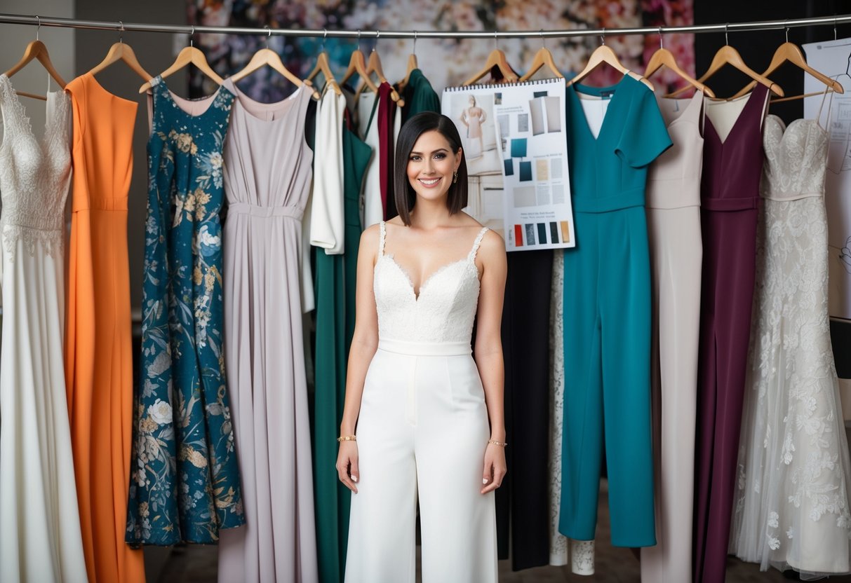 A bride standing in front of a variety of outfit options, including traditional dresses, jumpsuits, and separates. She is surrounded by fabric swatches and fashion sketches