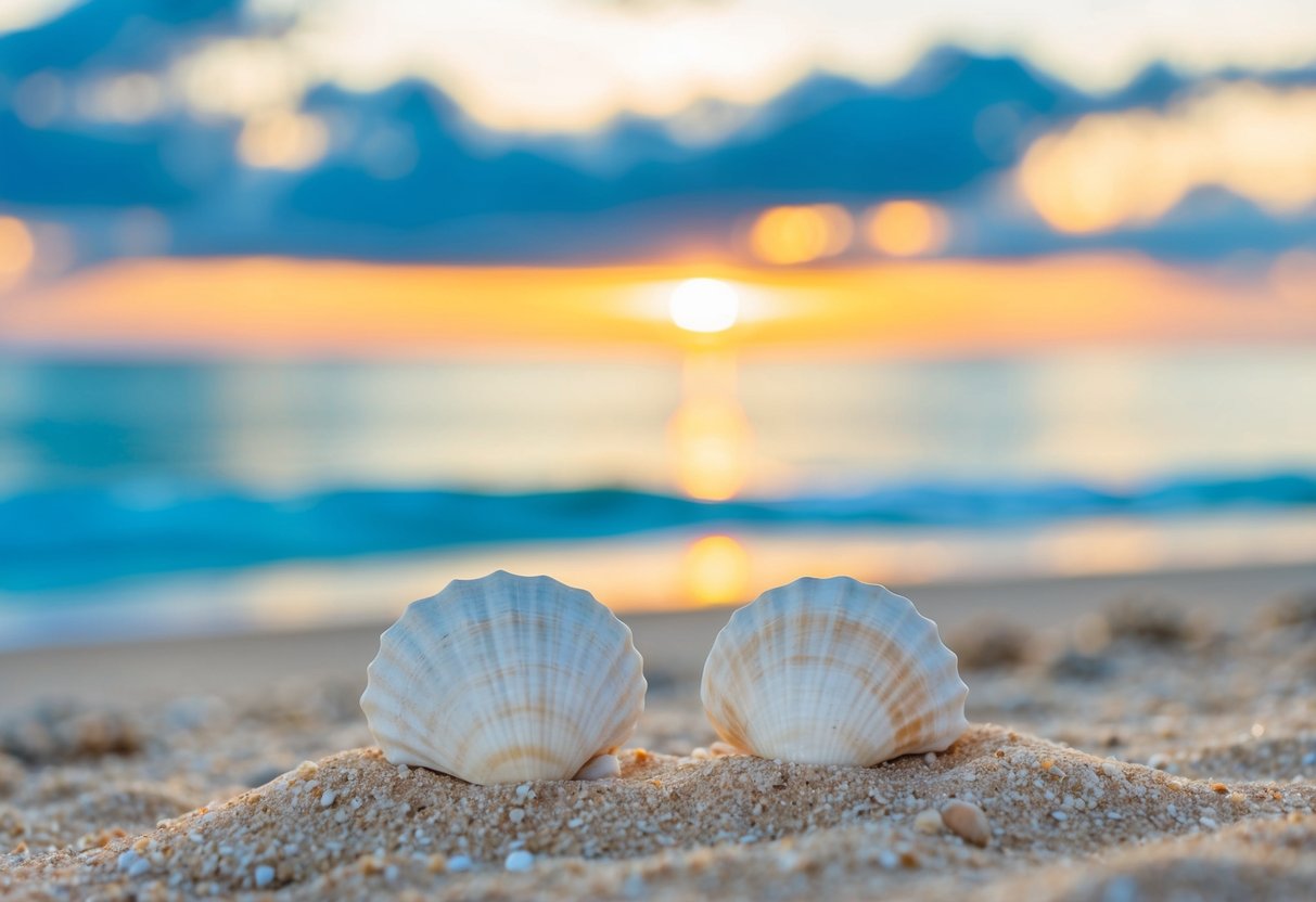 A serene beach at sunset, with two seashells intertwined in the sand, symbolizing eternal love and commitment
