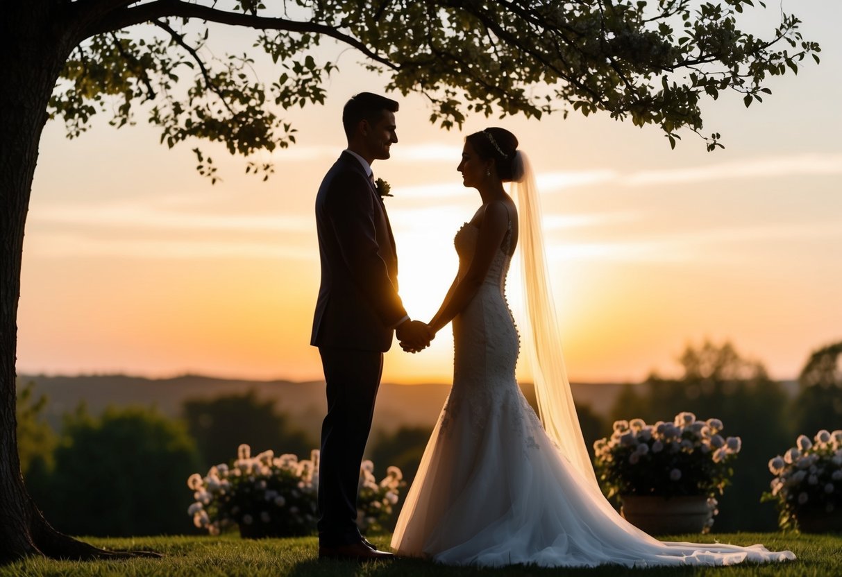 A bride and groom's silhouettes facing each other under a tree at sunset, surrounded by blooming flowers and a serene atmosphere