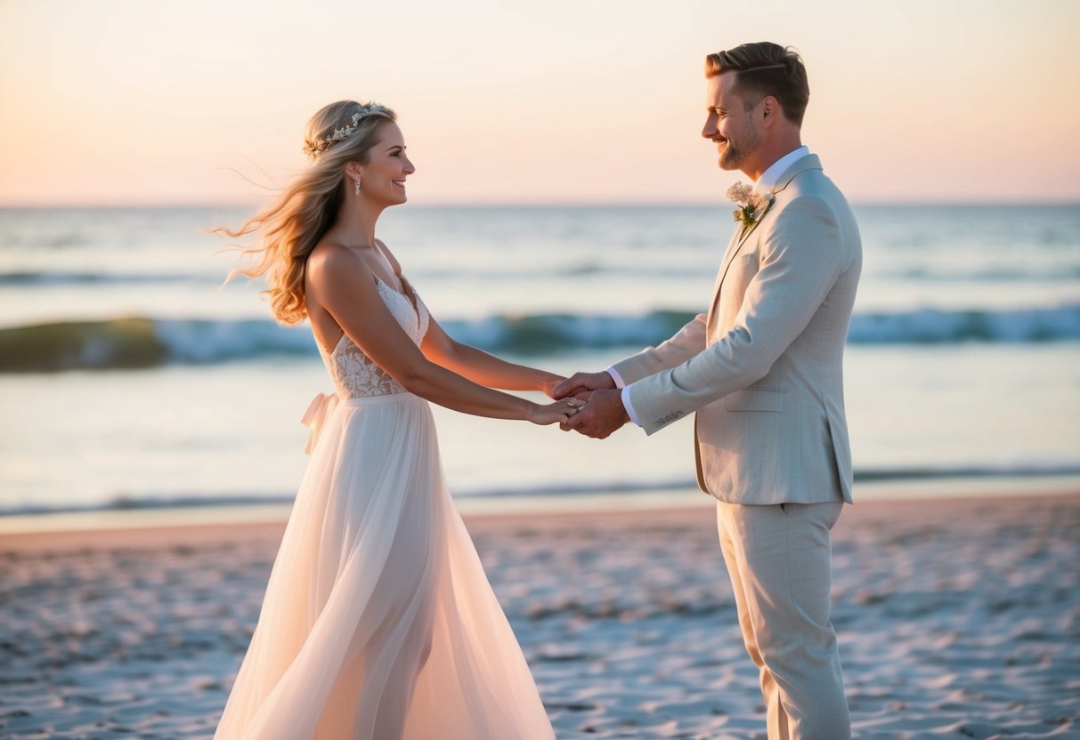 A couple stands on a beach at sunset, the woman in a flowing white dress and the man in a light linen suit, holding hands as they renew their vows