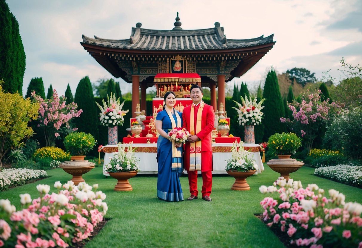 A couple stands in a garden surrounded by blooming flowers and a traditional altar, wearing attire representing their cultural and personal symbols
