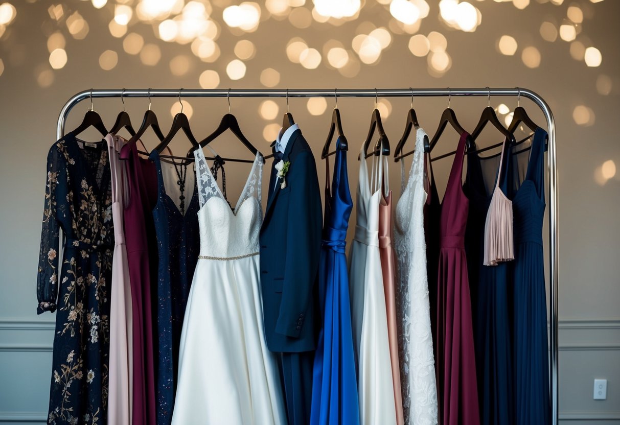 A couple's wardrobe options for a vow renewal ceremony displayed on a clothing rack with various outfits and accessories