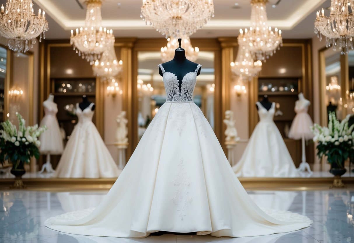 A luxurious wedding dress displayed on a mannequin in a grand boutique showroom, surrounded by opulent decor and sparkling chandeliers