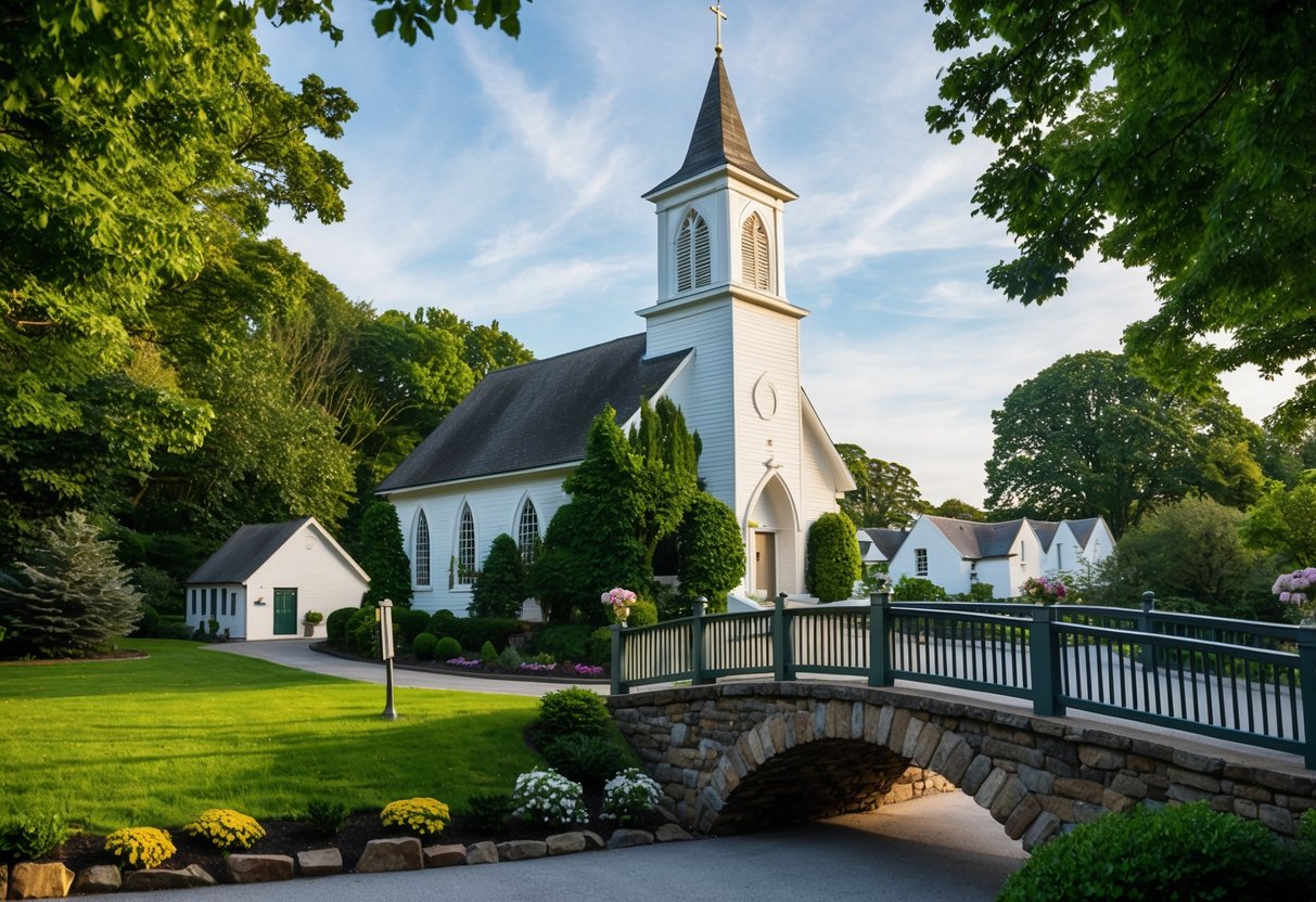 A picturesque chapel in Gretna Green with lush greenery and a quaint stone bridge, setting the stage for a romantic vow renewal ceremony