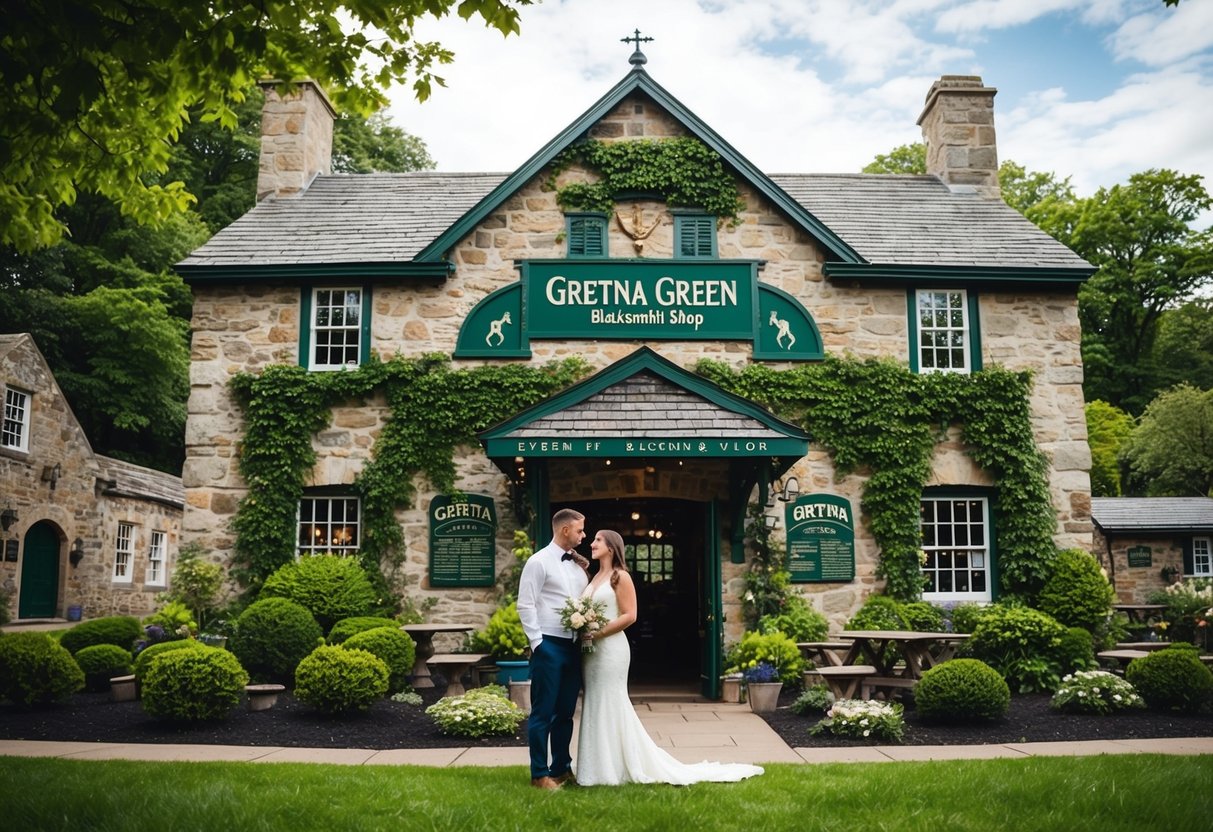 A couple stands in front of the famous Gretna Green blacksmith shop, surrounded by lush greenery and historic stone buildings