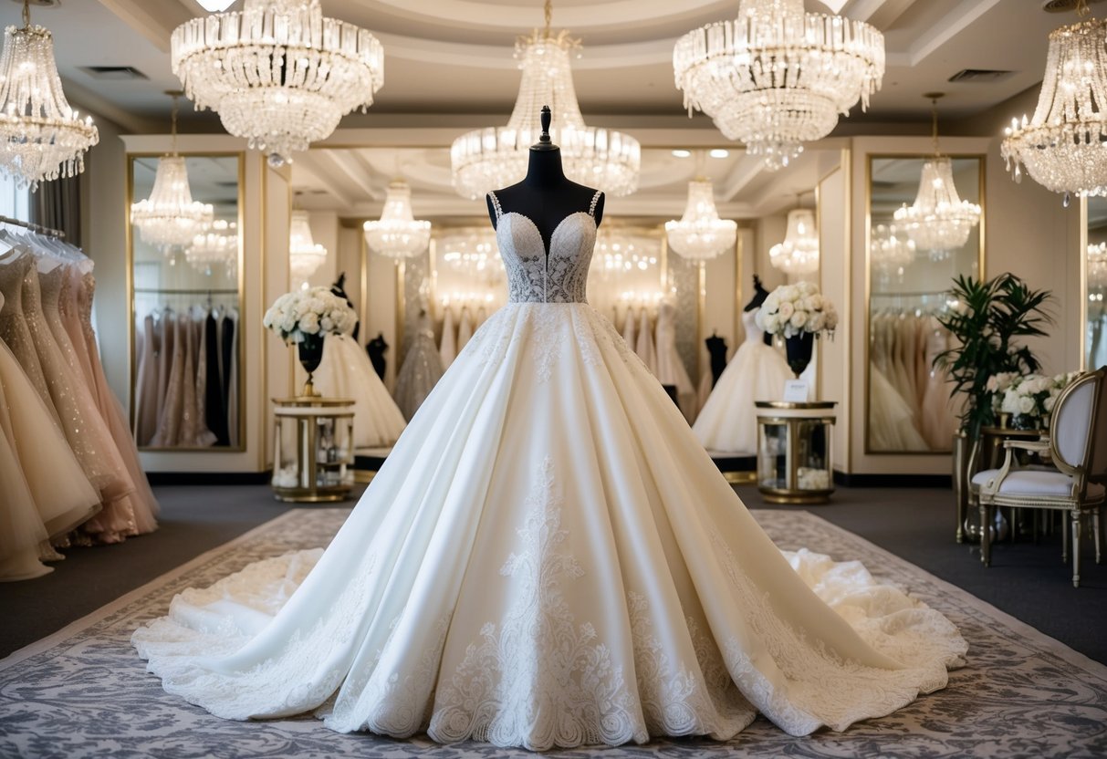 A lavish wedding gown displayed on a mannequin in an opulent boutique showroom, surrounded by sparkling chandeliers and luxurious decor