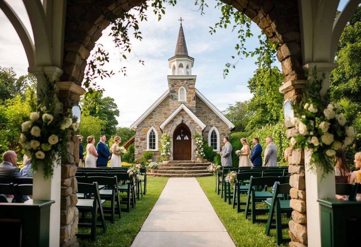 A quaint chapel at Gretna Green, with lush greenery and a rustic stone archway, sets the stage for a vow renewal ceremony
