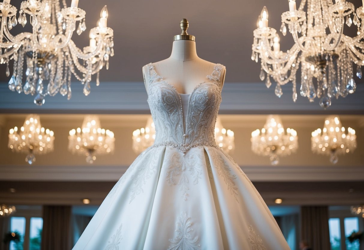 A luxurious wedding dress displayed on a mannequin, surrounded by sparkling chandeliers and elegant decor