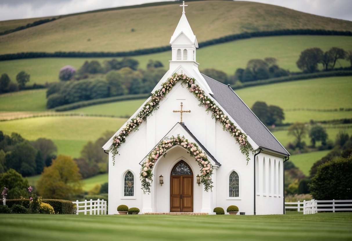 A picturesque chapel with floral arches and elegant decor, set against a backdrop of rolling green hills