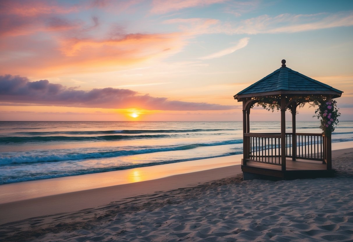 A serene beach at sunset, with gentle waves, a colorful sky, and a small gazebo decorated with flowers and flowing fabric