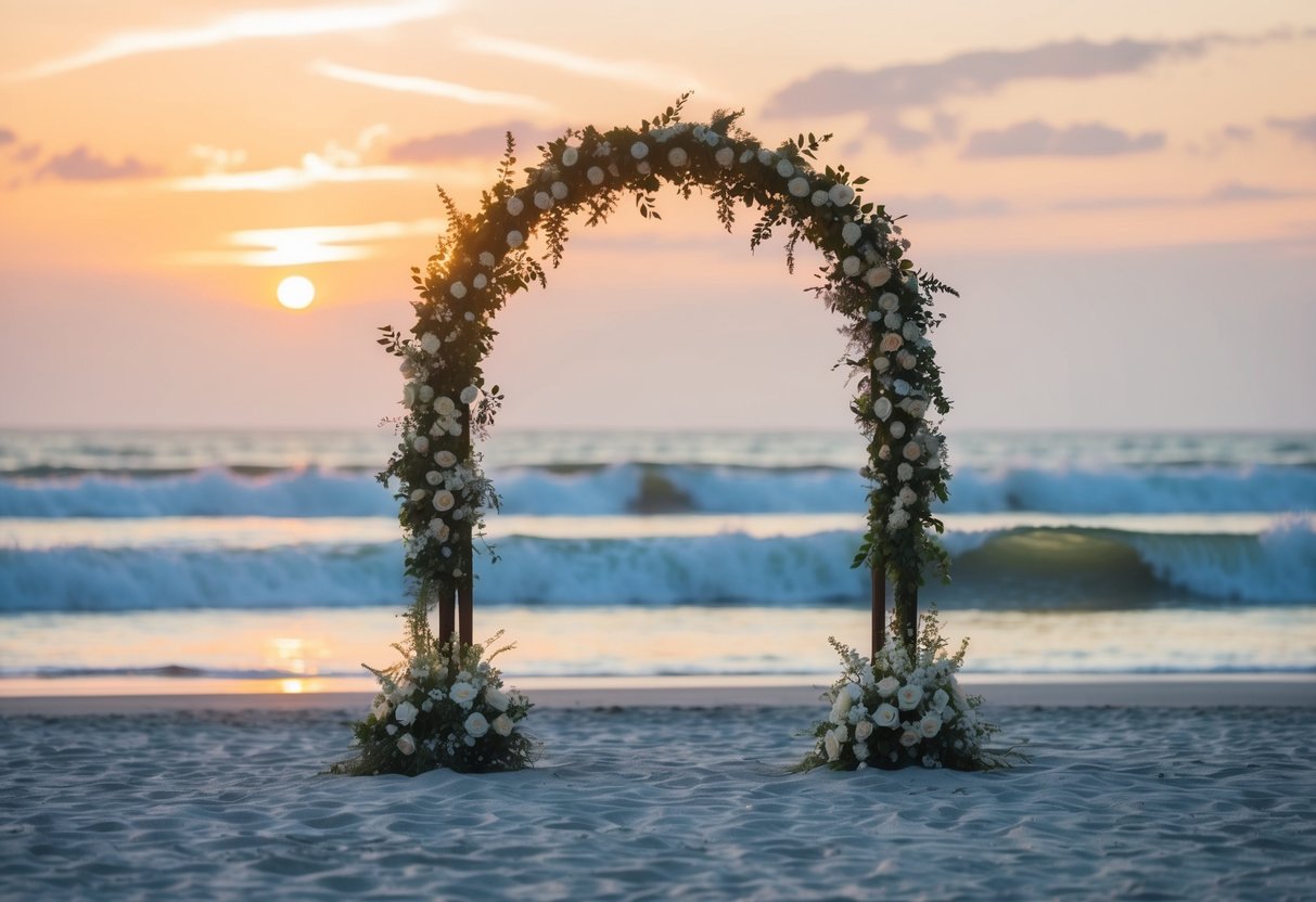 A serene beach at sunset with a flower-adorned archway and gently crashing waves in the background
