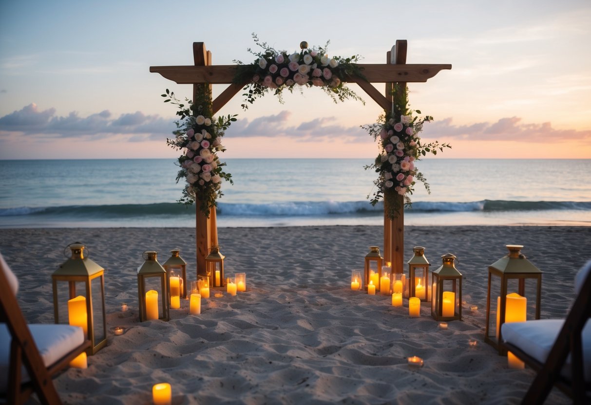 A beach at sunset, with a wooden arch adorned with flowers, surrounded by lanterns and candles, overlooking the ocean