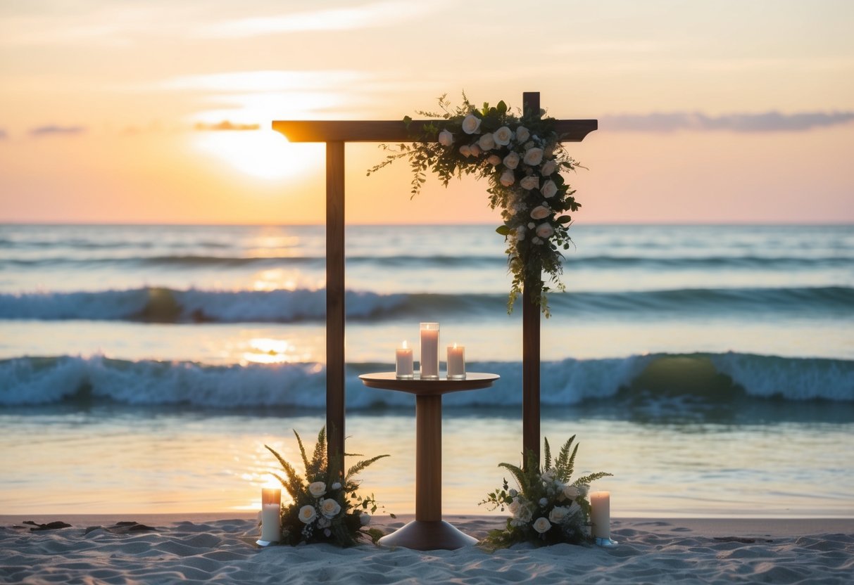 A serene beach at sunset, with a simple altar adorned with flowers and candles. Gentle waves and a warm breeze create a romantic atmosphere for vow renewals