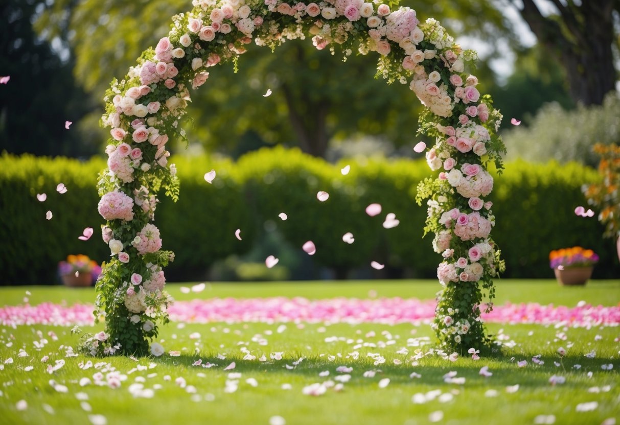 A serene garden setting with a blooming flower arch and scattered petals