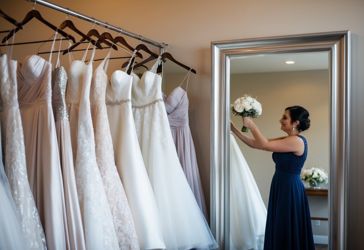 A row of wedding gowns hanging on a rack, with a bride holding up a new dress and admiring it in a full-length mirror