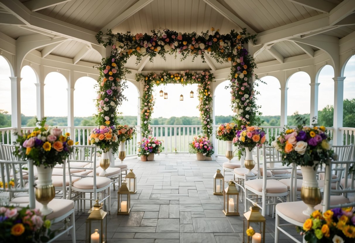 A beautifully decorated outdoor gazebo with a variety of colorful flowers arranged in vases and hanging from the ceiling, creating a romantic and elegant setting for a vow renewal ceremony
