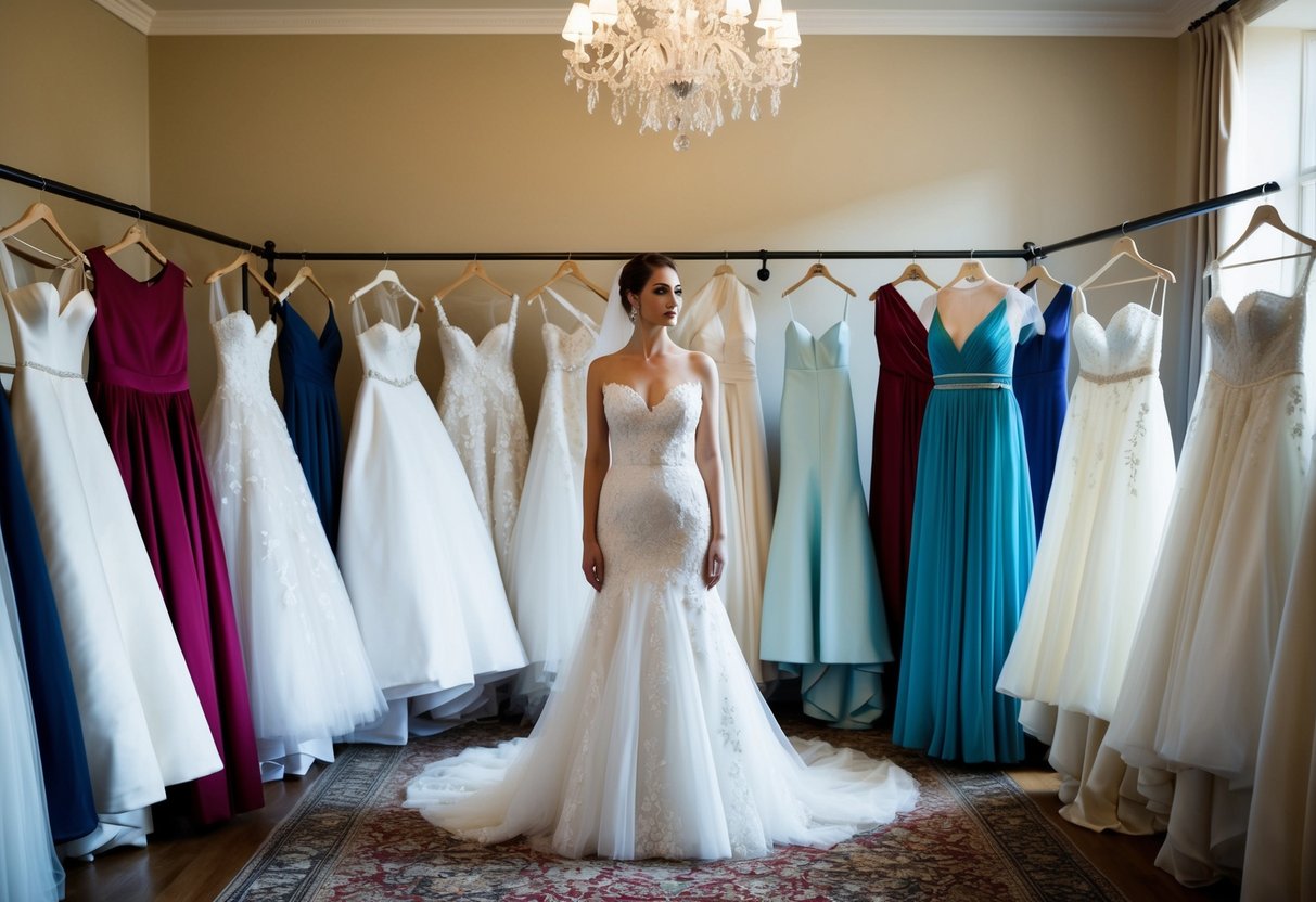 A bride stands in a room surrounded by a collection of elegant wedding dresses, each one unique in style and design