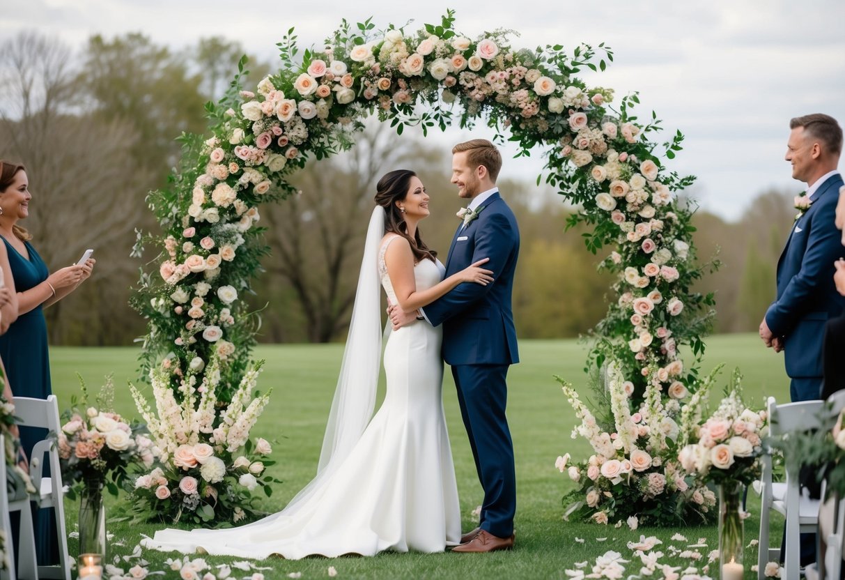 A couple stands under a floral arch at their vow renewal, surrounded by blooming arrangements and scattered petals