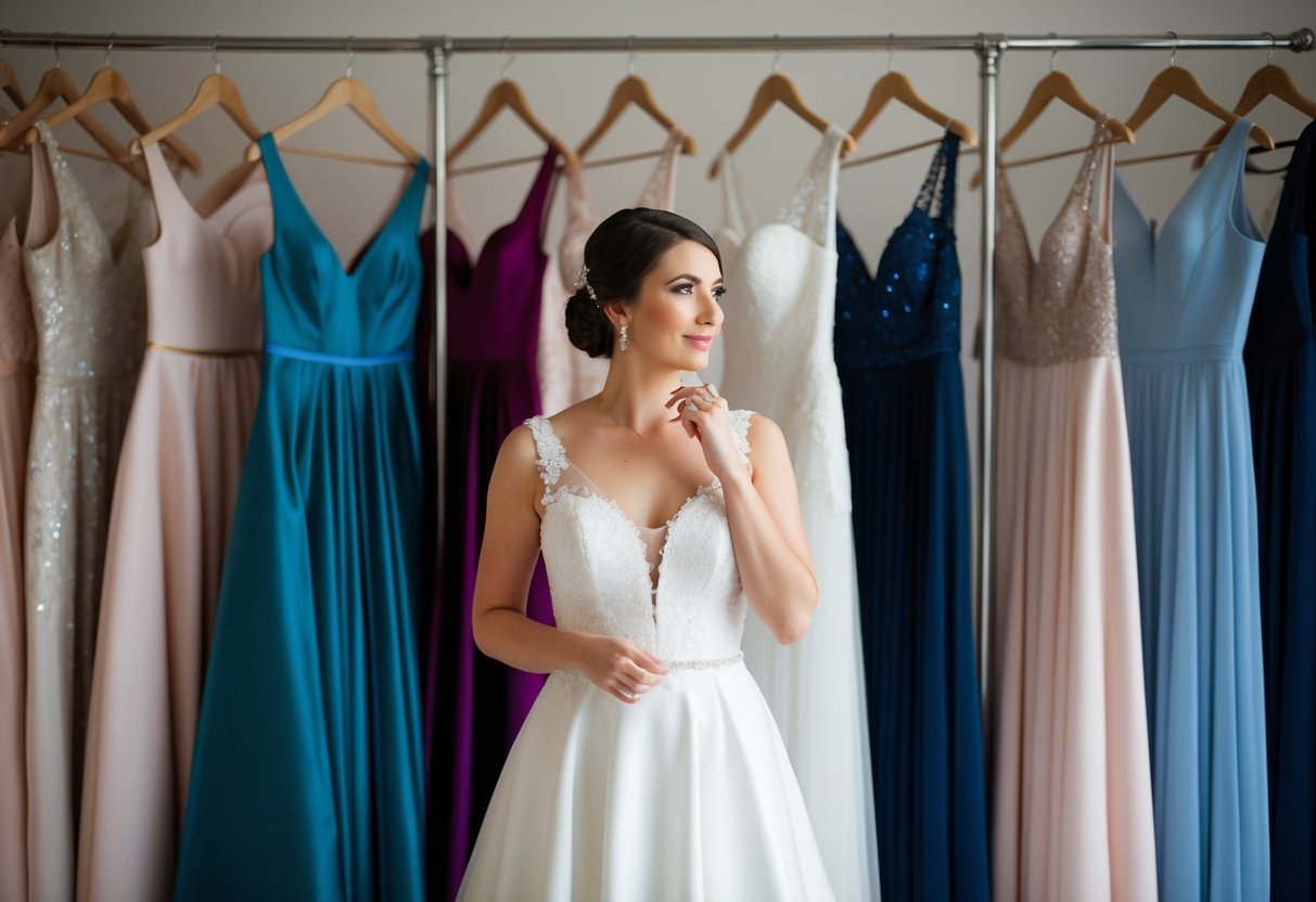 A bride stands in front of a row of elegant dresses, contemplating her options with a thoughtful expression