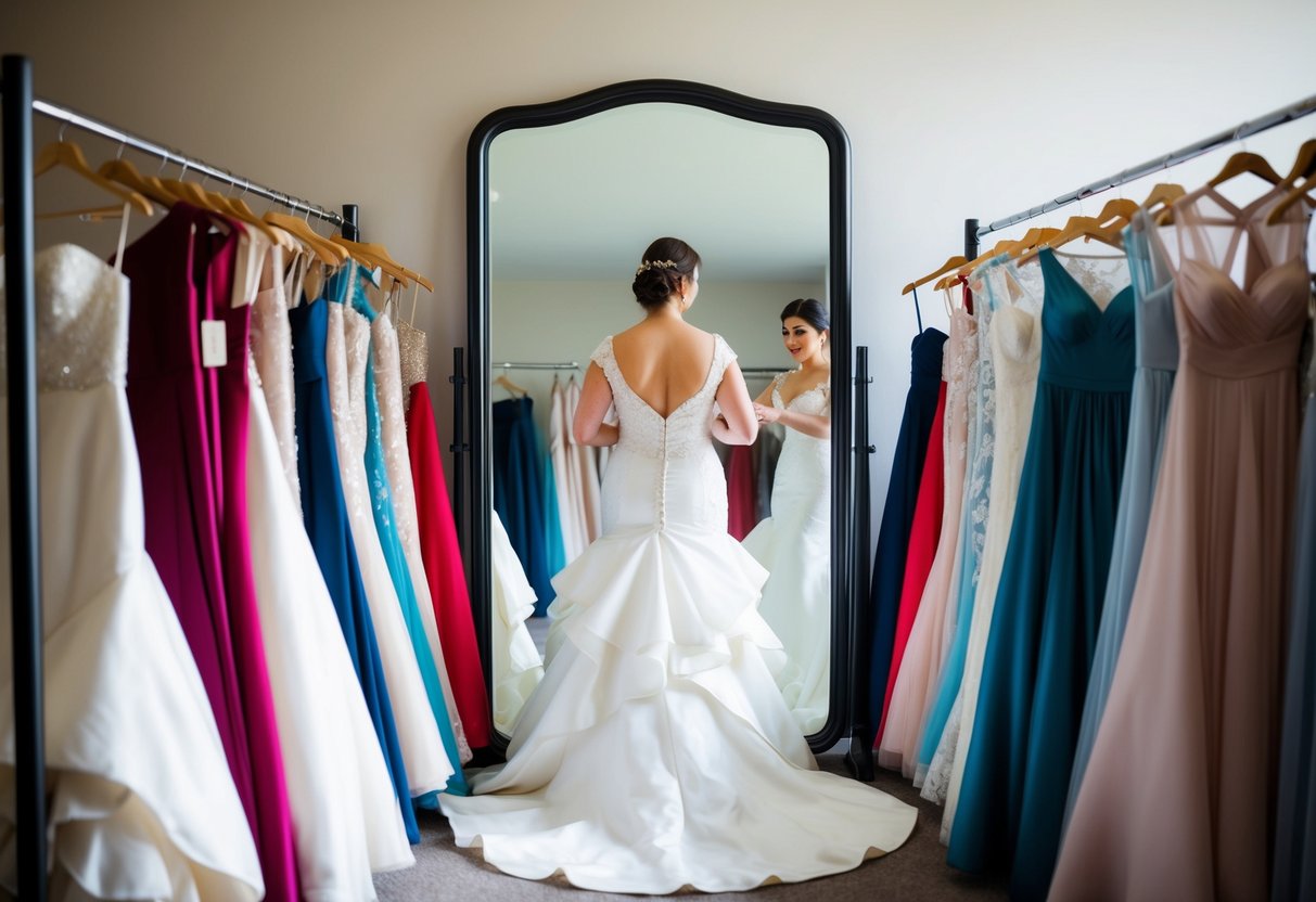 A bride surrounded by a rack of wedding dresses, trying on different gowns in front of a large mirror