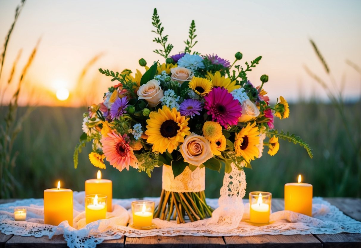 A colorful bouquet of flowers is arranged on a rustic wooden table, surrounded by flickering candles and delicate lace. The soft glow of the setting sun casts a warm and romantic atmosphere over the scene