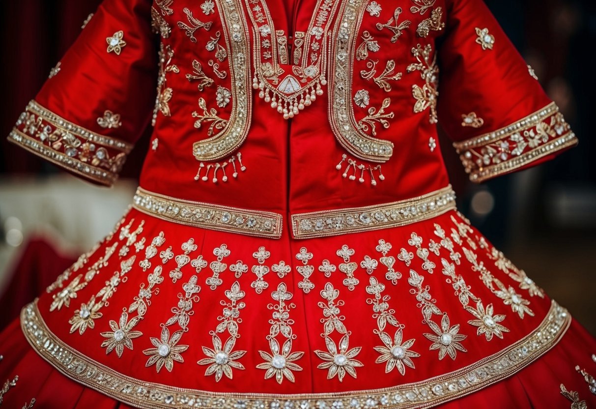 A traditional wedding dress in vibrant red, adorned with intricate embroidery and delicate beading, symbolizing love, prosperity, and happiness