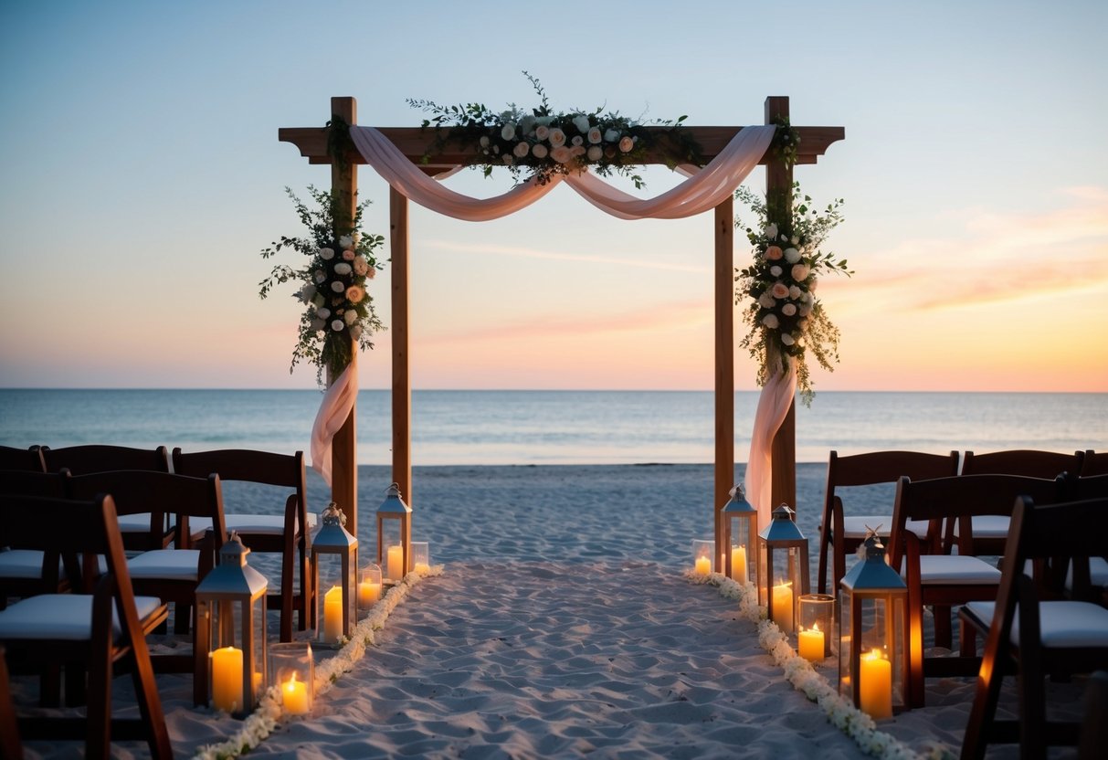 A serene beach at sunset, with a simple wooden arch adorned with flowers and billowing fabric. Lanterns and candles light the path leading to the vow renewal site