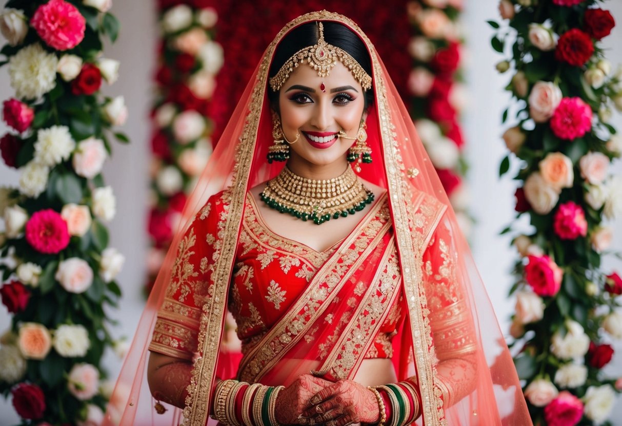 A bride in a vibrant red lehenga with intricate gold embroidery, adorned with traditional jewelry and a sheer veil, surrounded by floral decorations