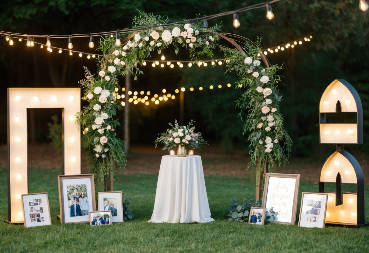 A cozy outdoor setting with twinkling lights and a rustic arch adorned with fresh flowers and greenery, surrounded by personalized photo displays and sentimental mementos