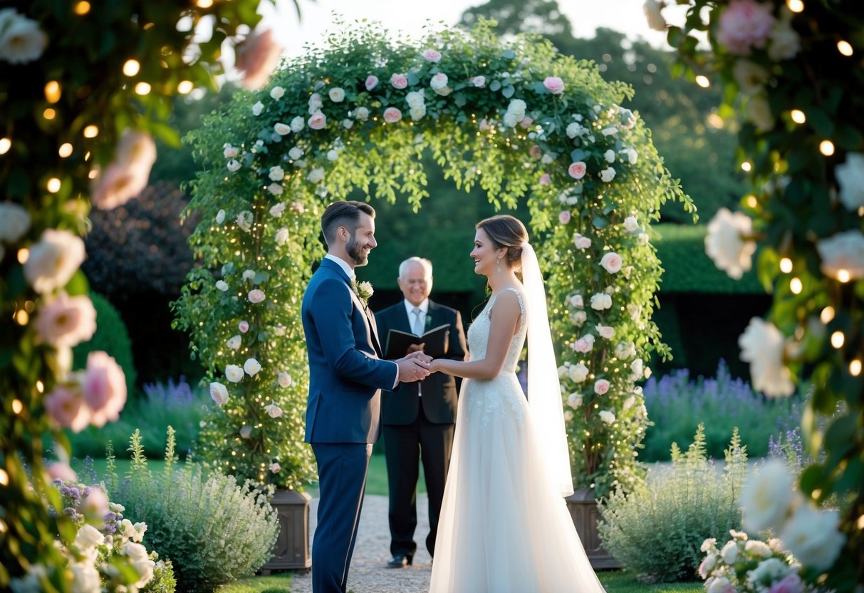 A couple standing in a serene garden surrounded by blooming flowers and twinkling lights, exchanging vows under a canopy of lush greenery